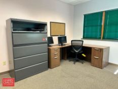 (2) 5-Drawer Lateral Files, (2) L-Shaped Desks, (3) Chairs and (2) Acer Monitors - Rigging Fee: $125