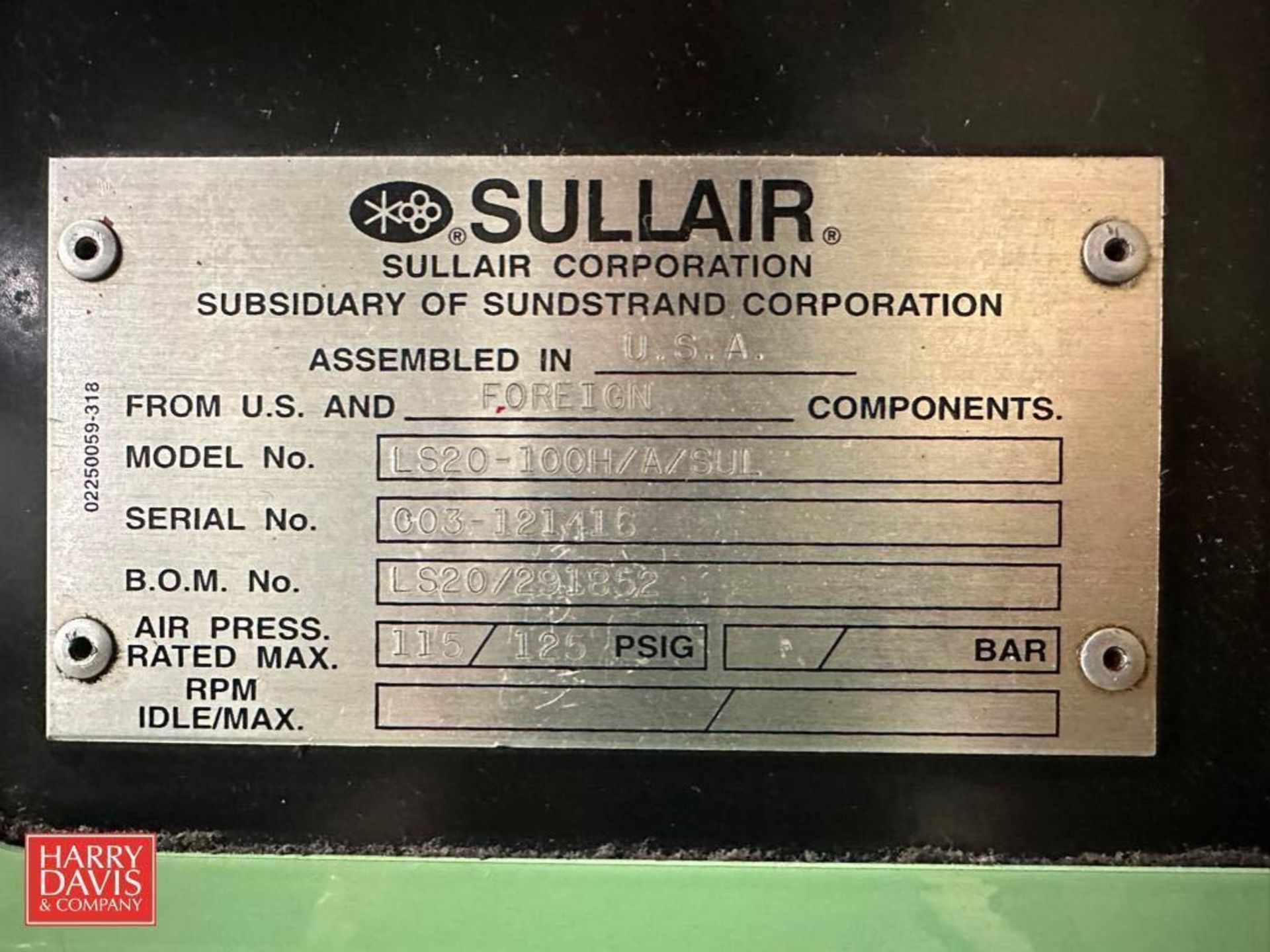 Sullair Screw Air Compressor, Model: LS20-100H/A/SUL, S/N: C03-121416, 135 PSIG with Square D Heavy - Image 2 of 2