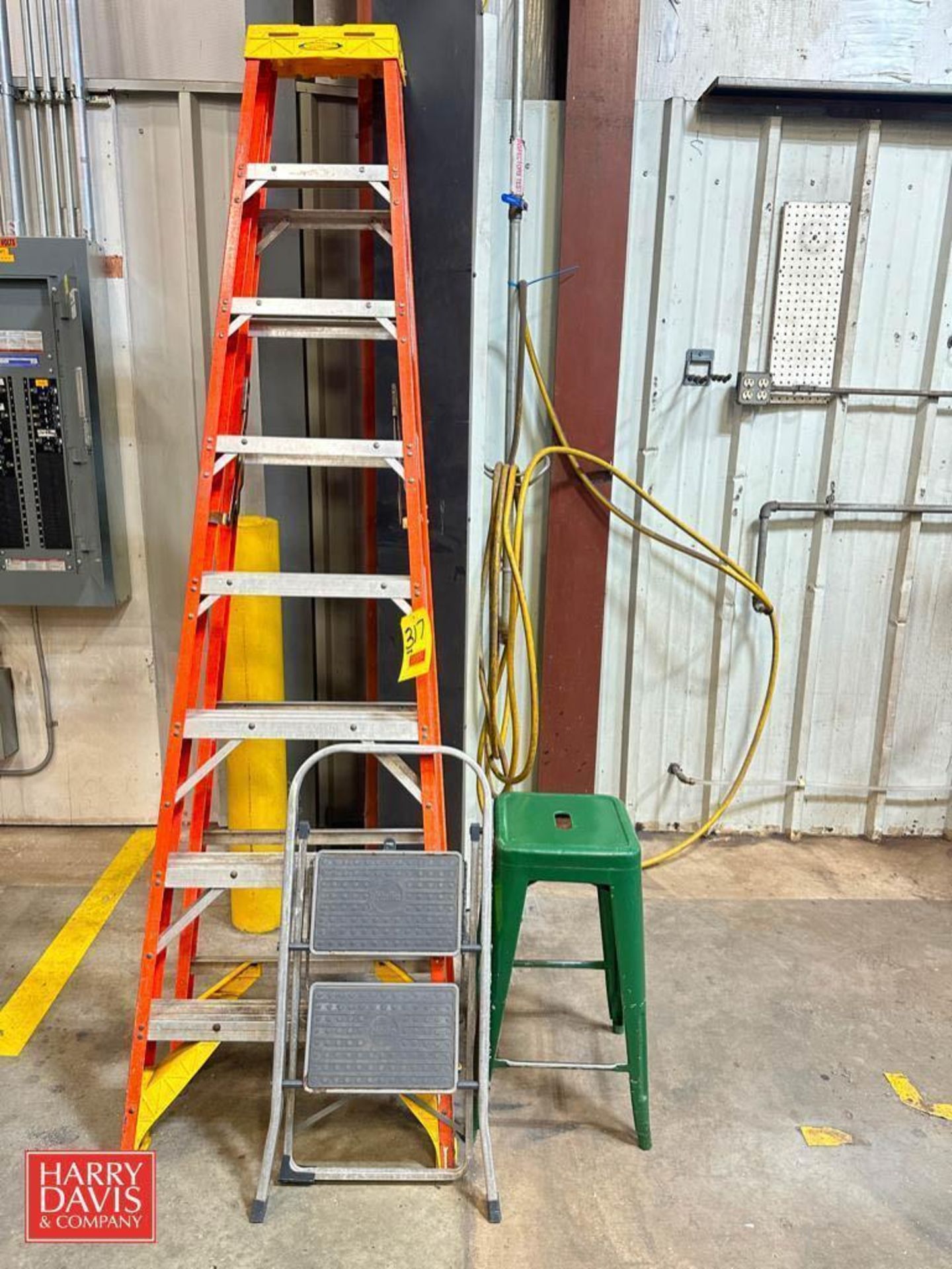 Werner 8’ Fiberglass A-Frame Ladder, Stool, Hailo Step Ladder and Air Hose Station