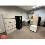 L-Shaped Desk, U-Shaped Desk, 2-Door Cabinet, 4-Drawer File Cabinets, Acer Monitor, Desk, Chair and