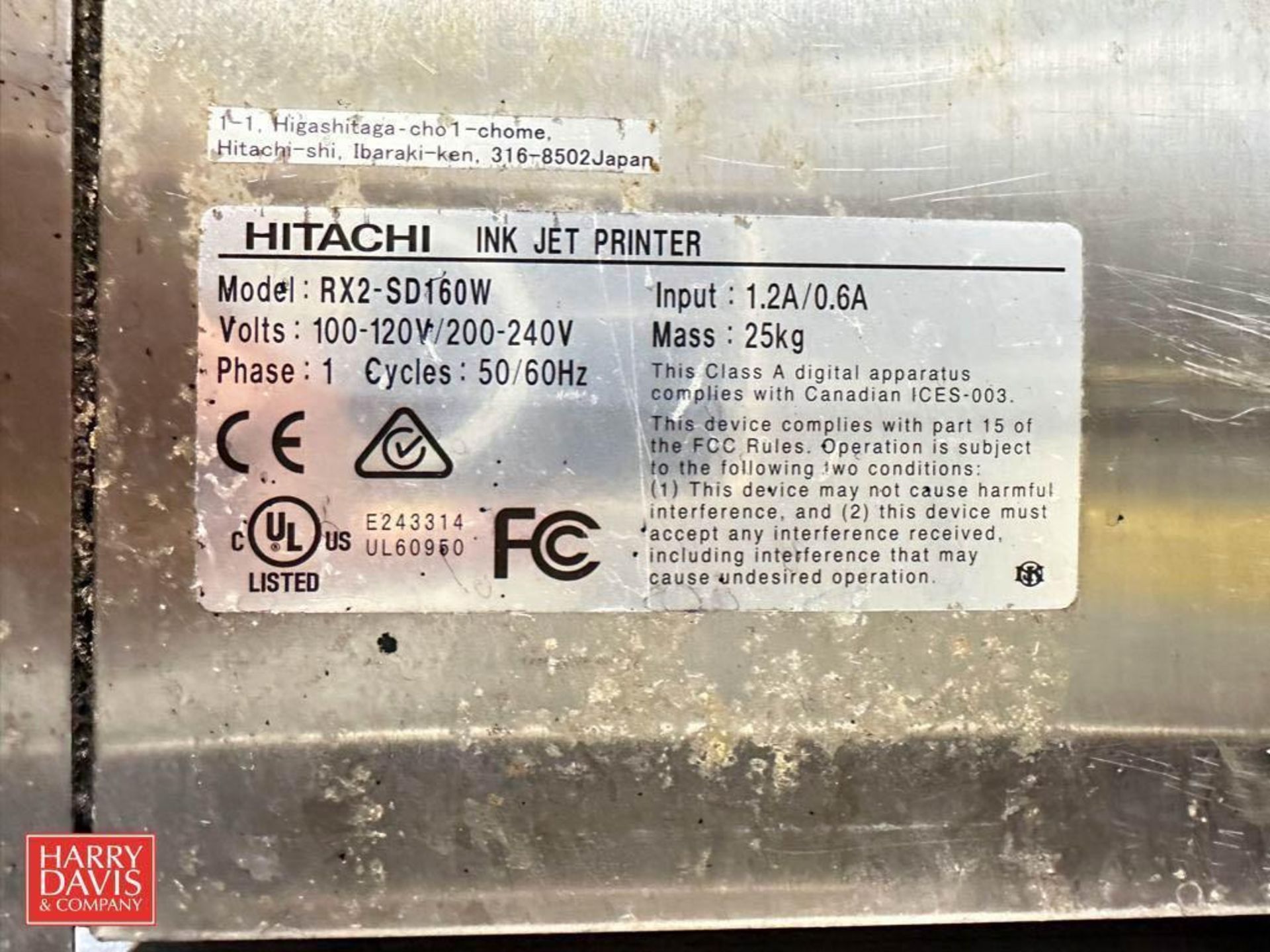 Hitachi Ink Jet Printer, Model: RX2-SD160W with S/S Cart - Rigging Fee: $125 - Image 2 of 2
