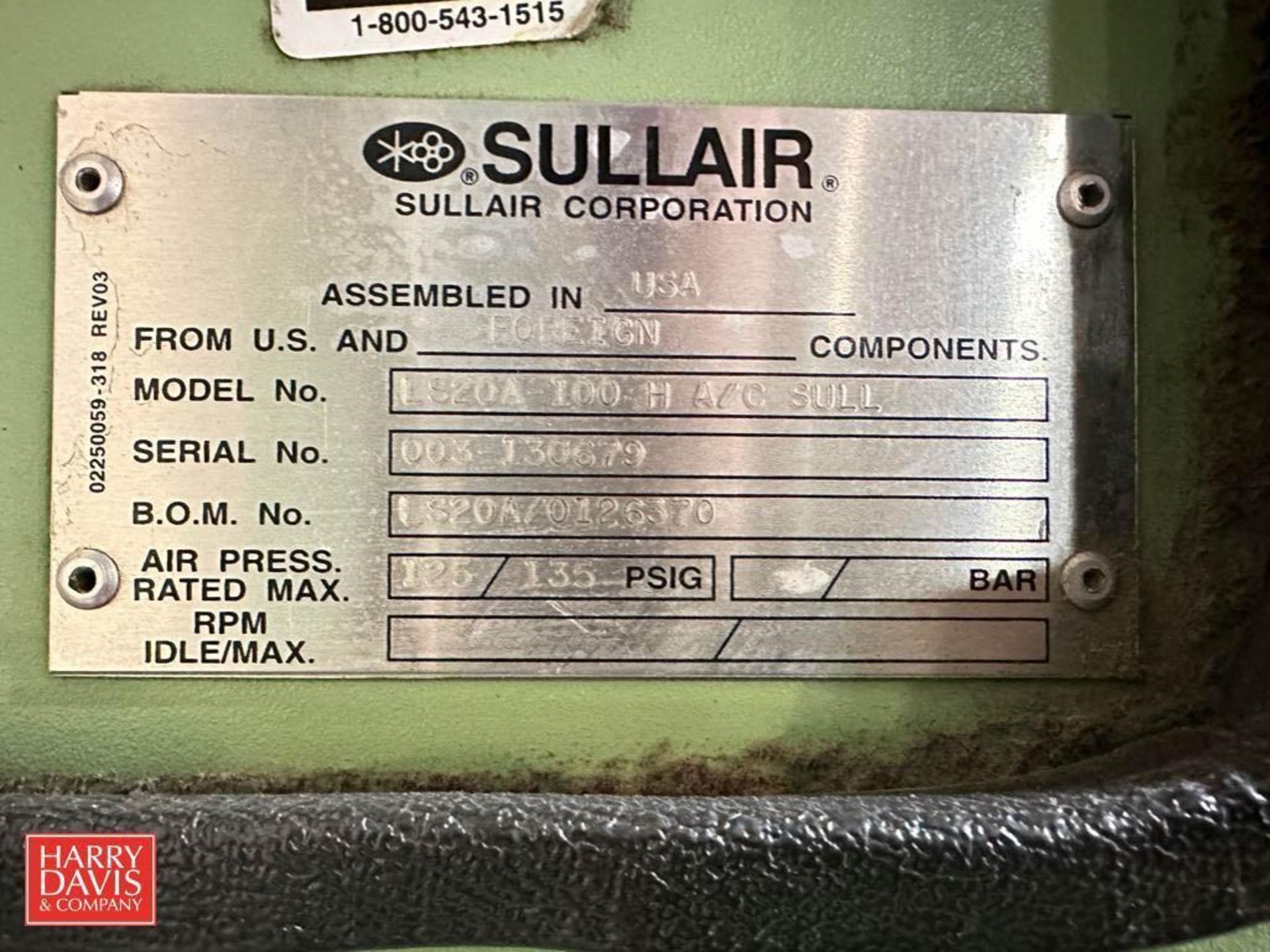Sullair Air Compressor, Model: L32OA-100 H A/C SULL, S/N: 003-130679, 135 PSIG with Square D Heavy - Image 2 of 2