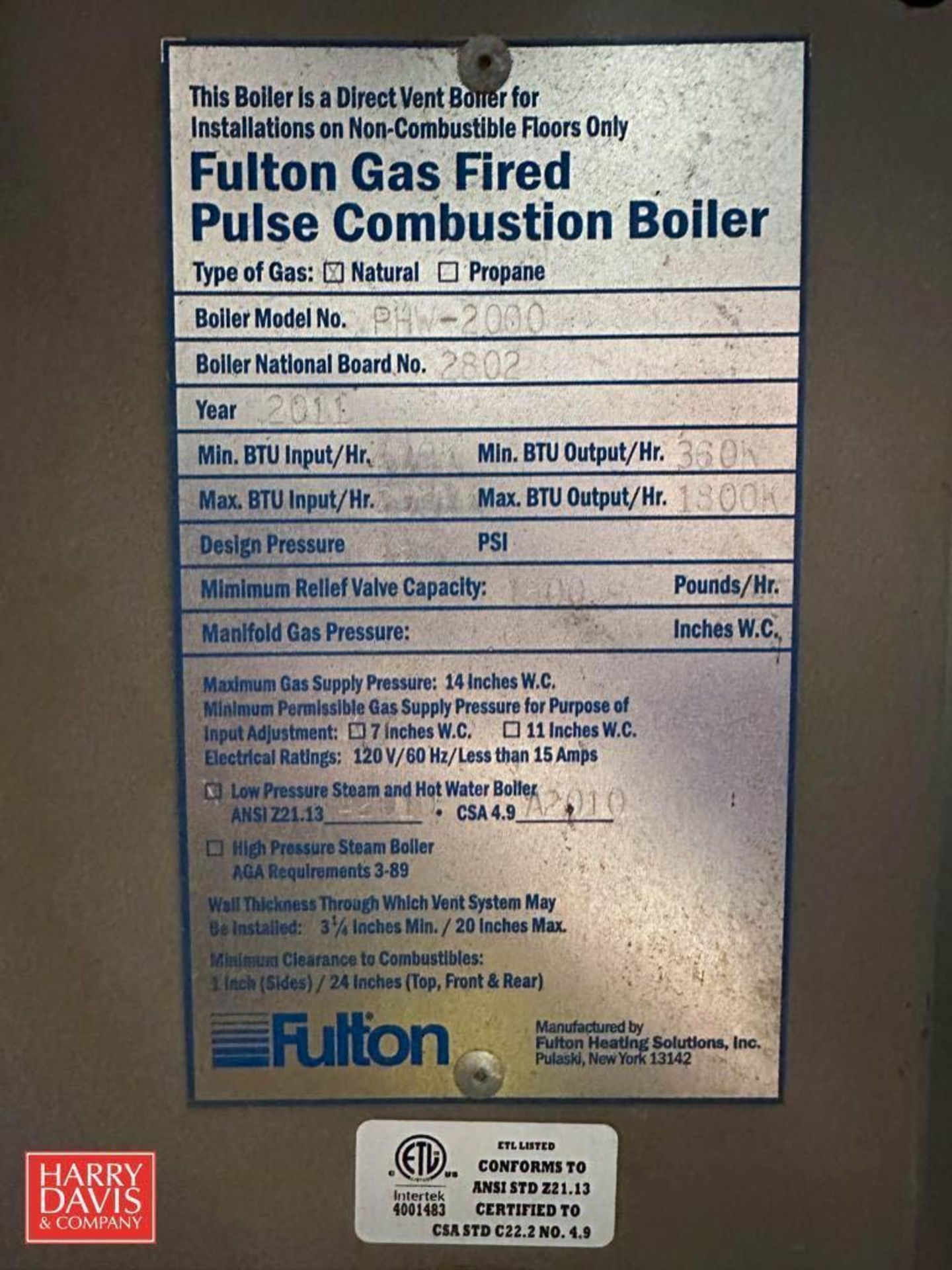 2011 Fulton Gas Fired Pulse Combustion Boiler, Model: PHW-2000, S/N: 2802 with Touch Screen HMI - Bild 2 aus 2