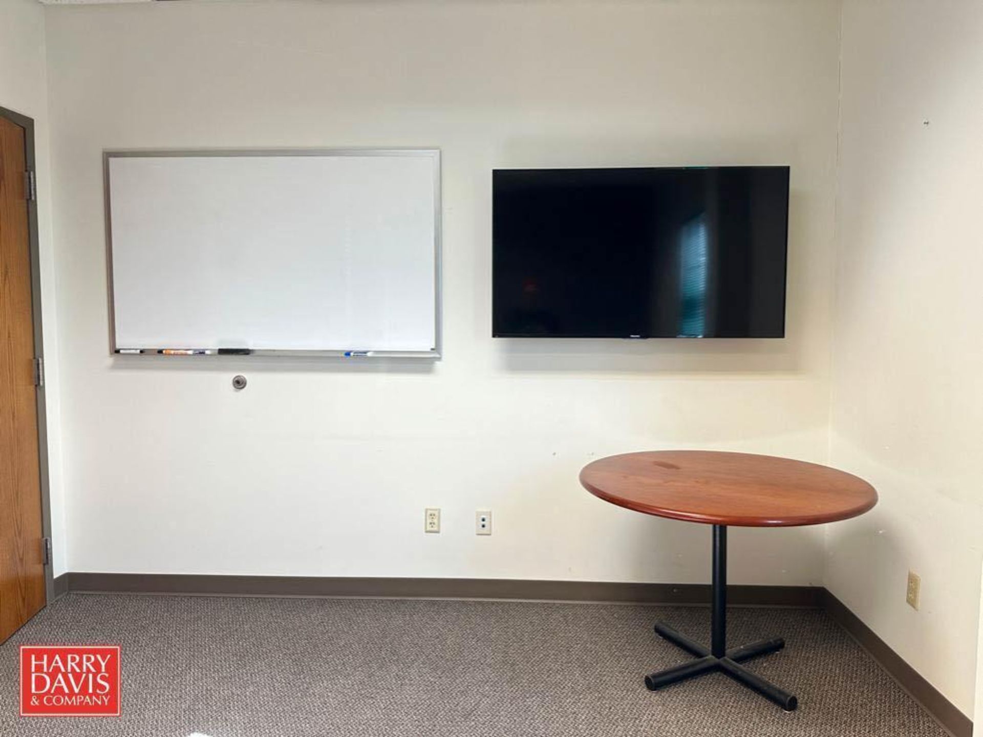 Hisense TV, White Board, Round Table, L-Shaped Desk and (2) Chairs - Rigging Fee: $100 - Image 2 of 2