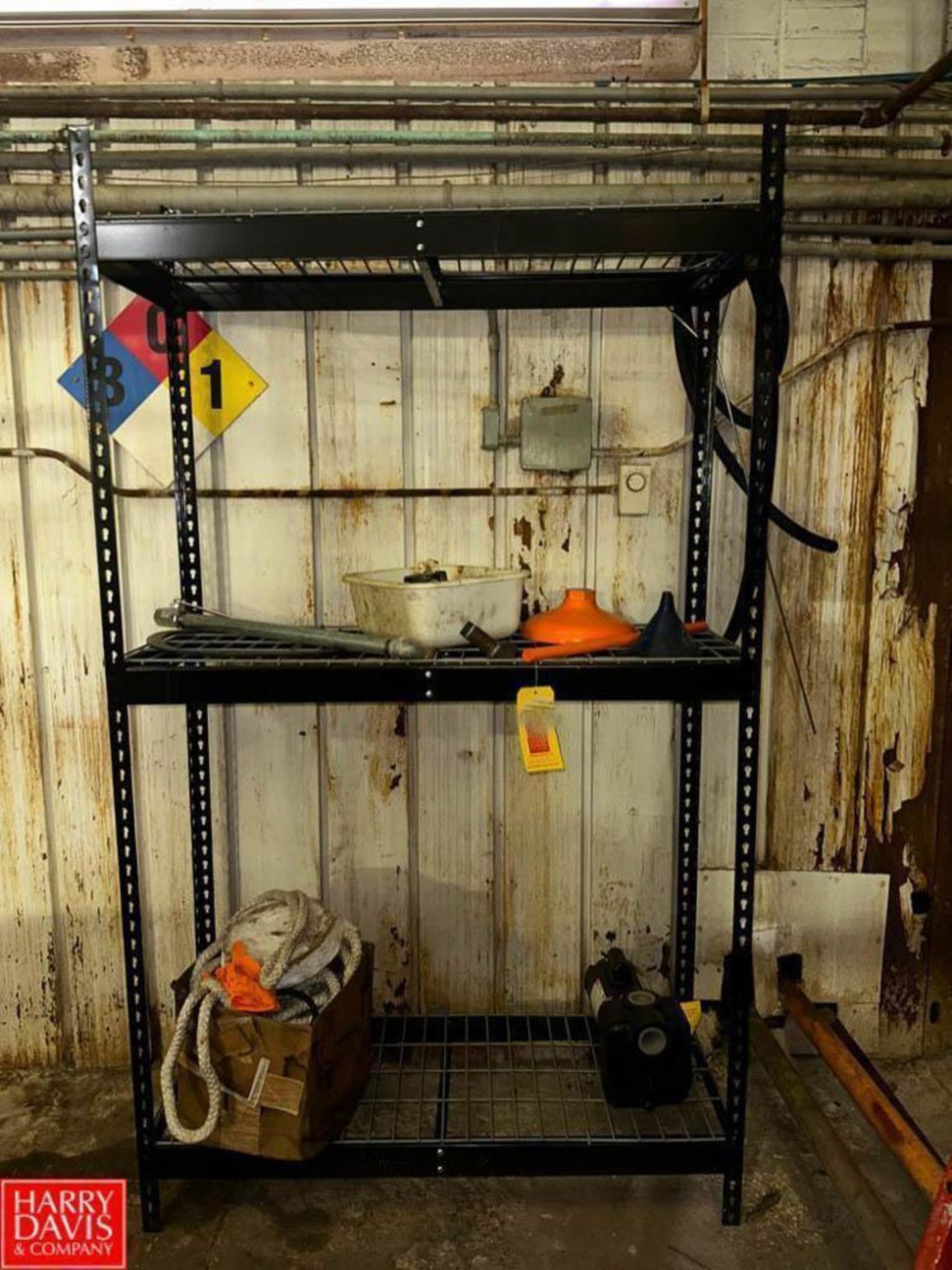 Shelf: 7' x 4' x 18", Dayton 1 HP Pump, Assorted Rope, Valve and Emergency Shower Parts