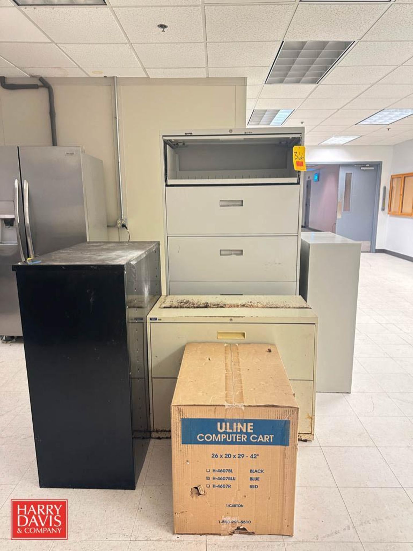 Assorted Filing Cabinets, Shelving Units and NEW Uline Computer Cart