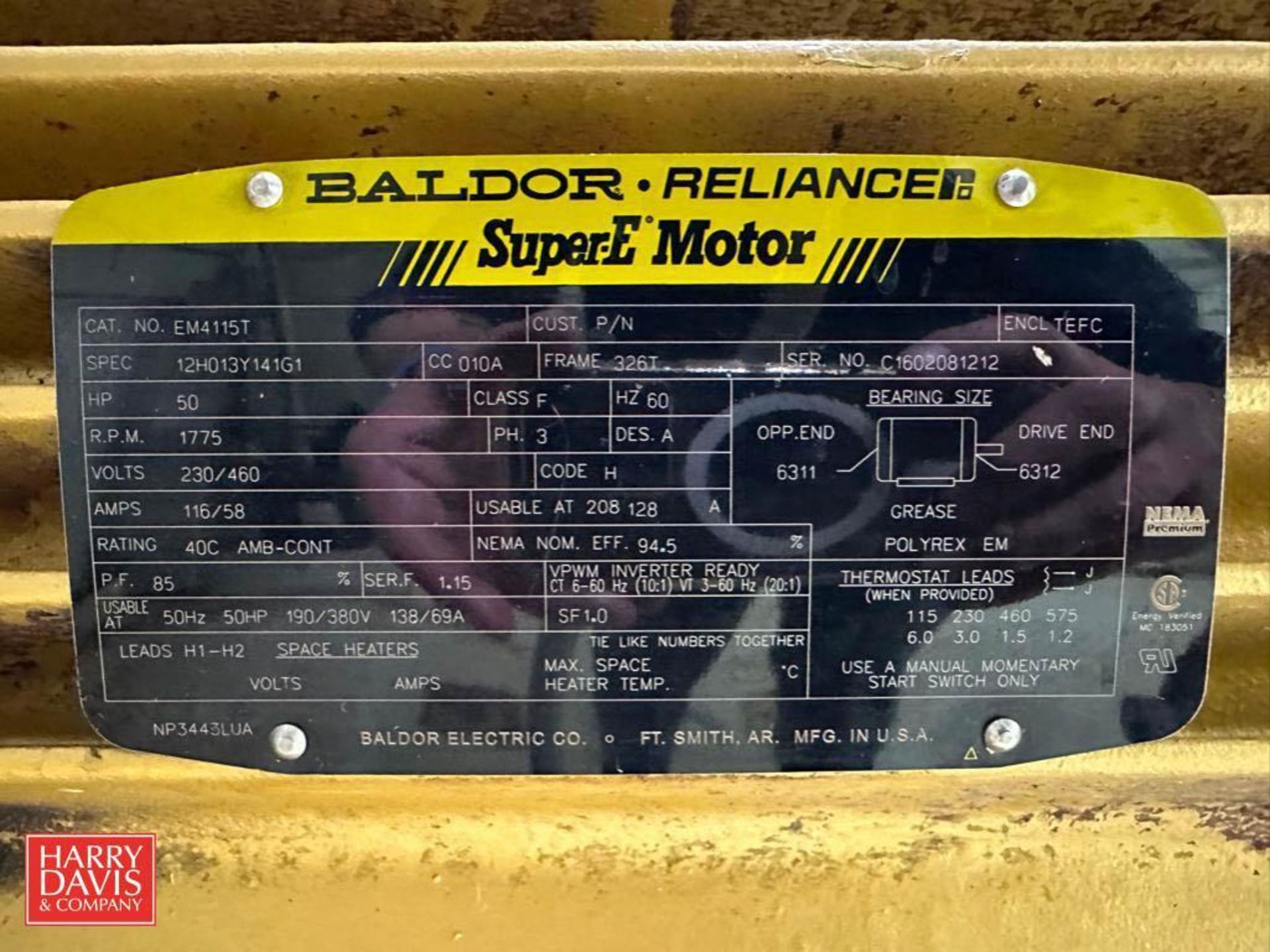 Baldor 50 HP 1,775 RPM Motor, Mill Frame and Stand: 42" x 39" - Image 2 of 3