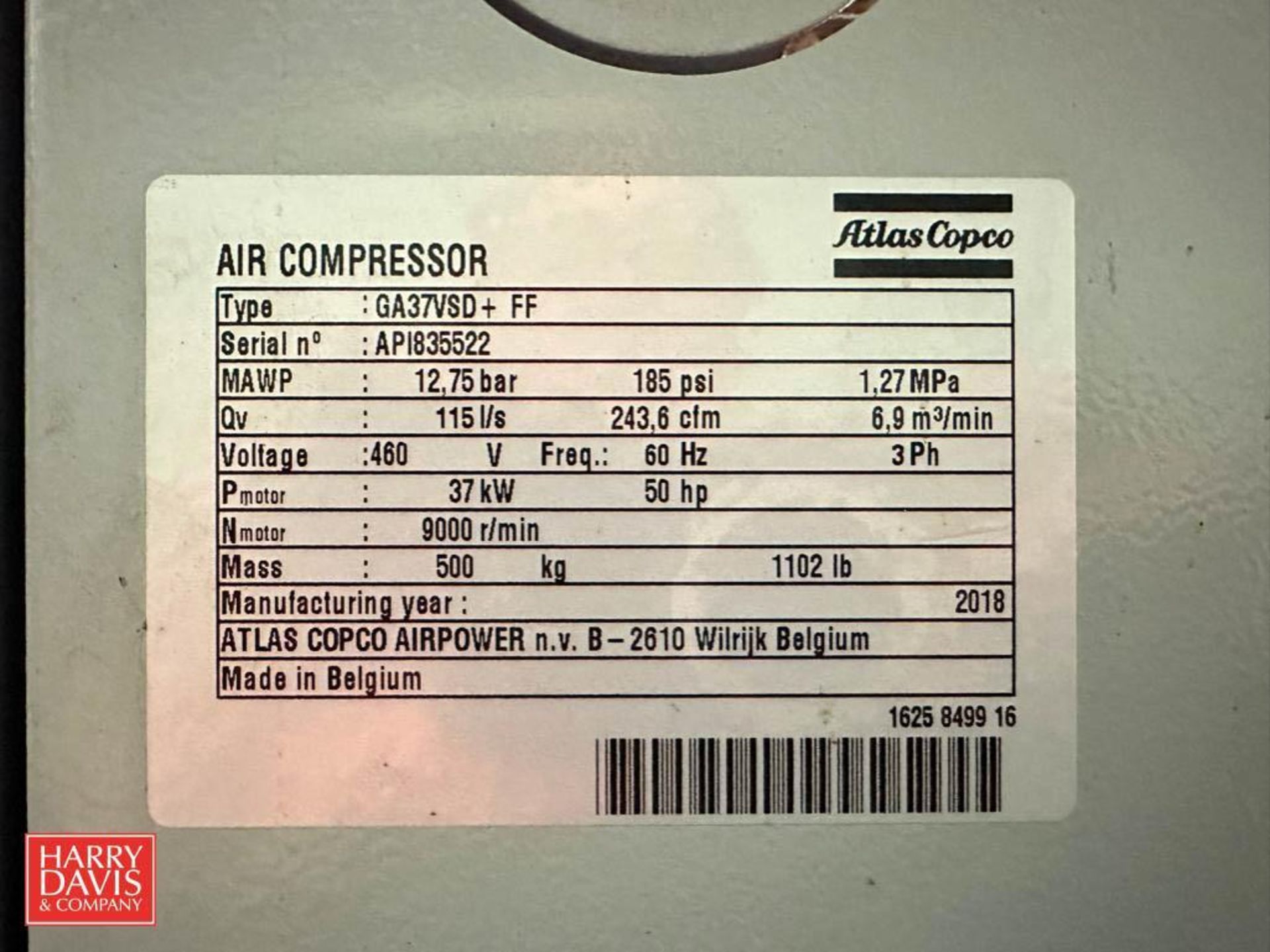 2018 Atlas Copco 50 HP 185 PSI Air Compressor, Model: GA37VSD+FF, S/N: API835522 - Image 2 of 2