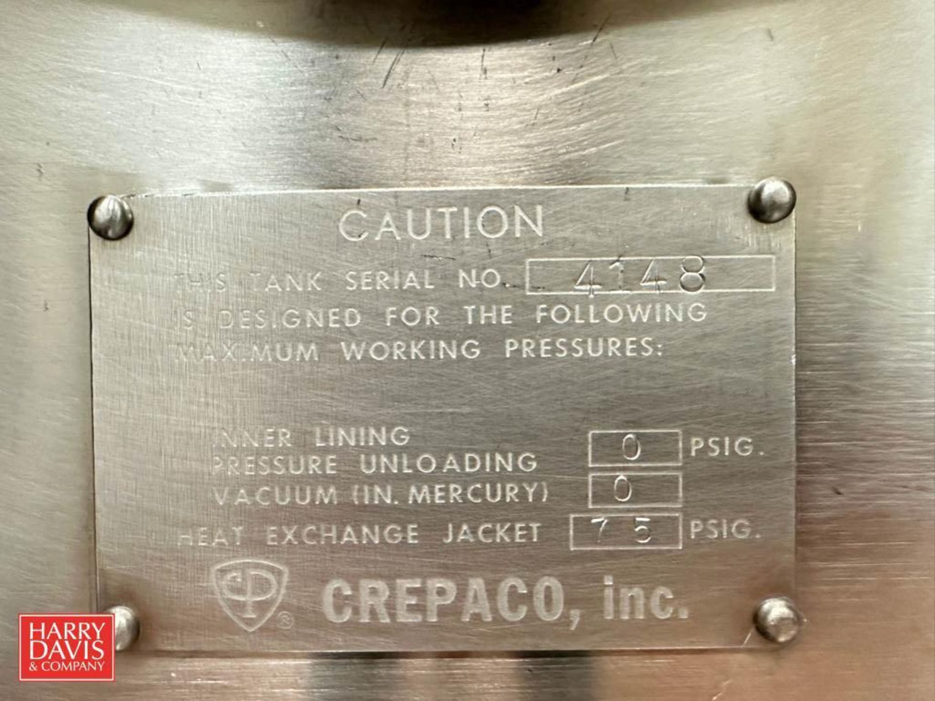 Crepaco 15,000 Gallon Jacketed S/S Milk Silo, S/N: 4148 with Horizontal Agitation, S/S Air Valve and - Image 3 of 3