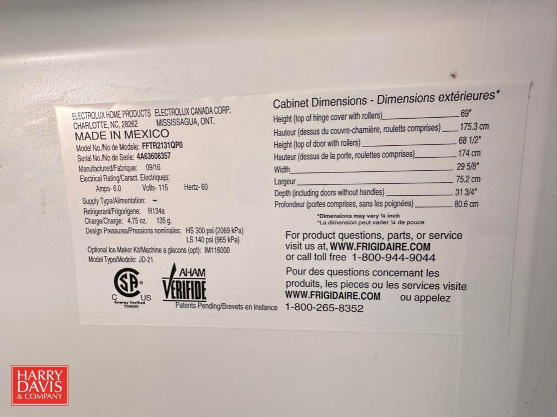 Frigidaire Refrigerator/Freezer, Model: FFTR2131QP0, S/N: 4A63608357 - Image 2 of 2