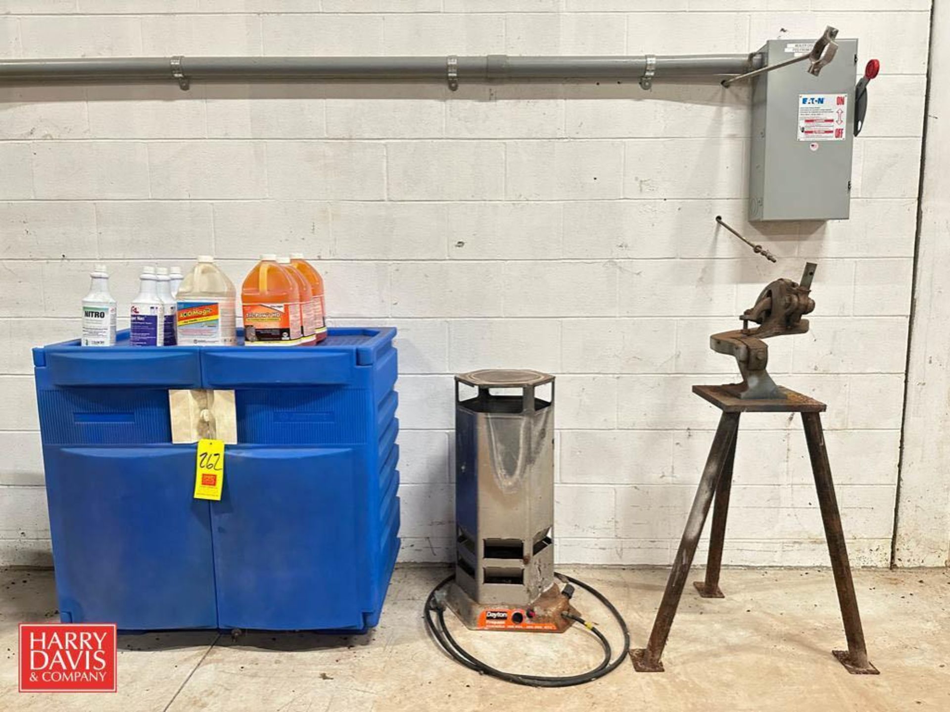 Assorted Cleaning Chemicals, Dayton Propane Heater, Beverly Throatless Shear and Justrite Poly Cabin