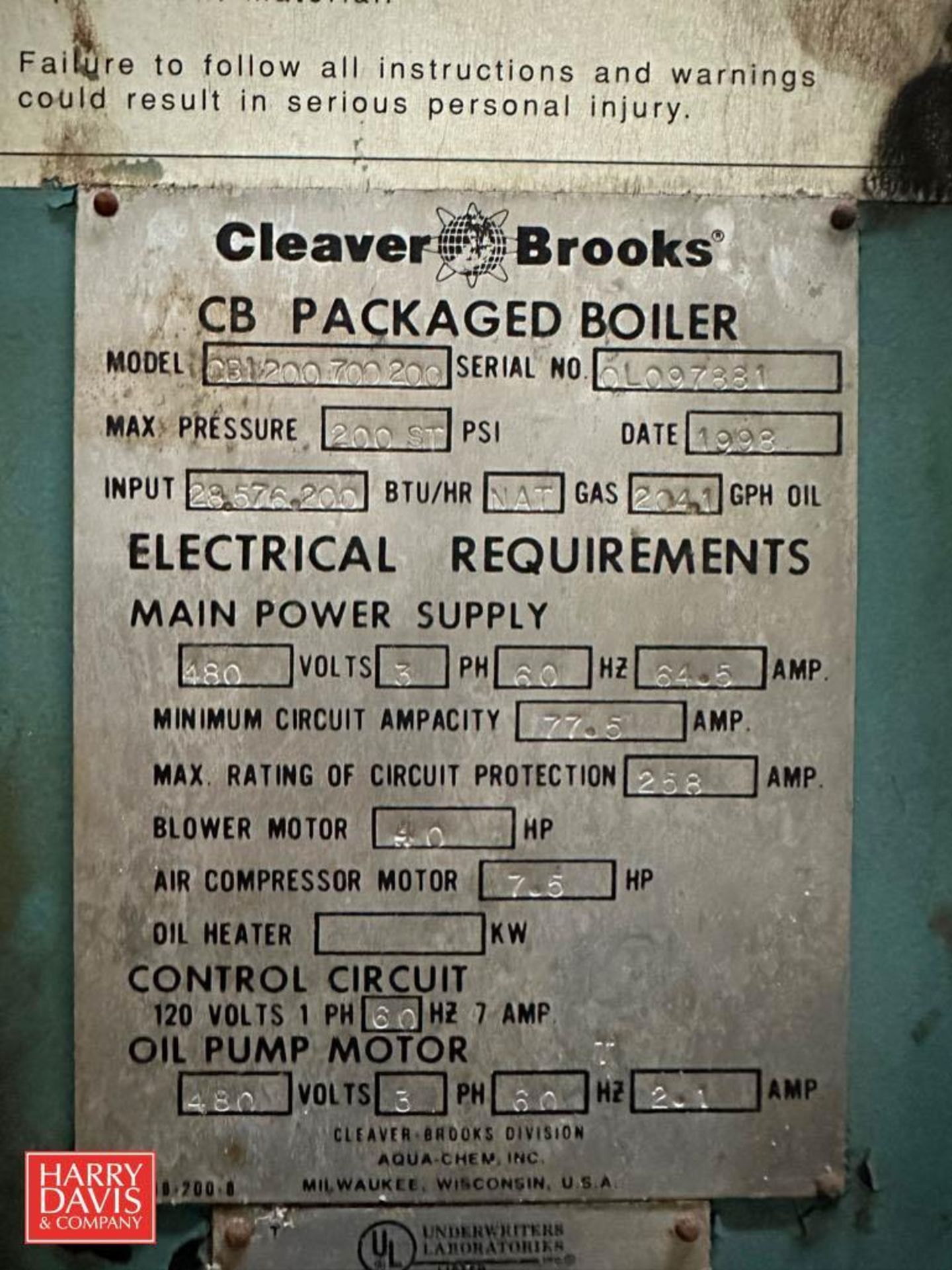 Cleaver Brooks Natural Gas CB Package Boiler, Model: CB1200700200, 200 PSI, 40 HP Blower Motor and 7 - Image 2 of 2