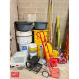 Assorted Trash Receptacles, Buckets, Mop Bucket, Painting Supplies, Pipe Insulation, U-Line Rolling