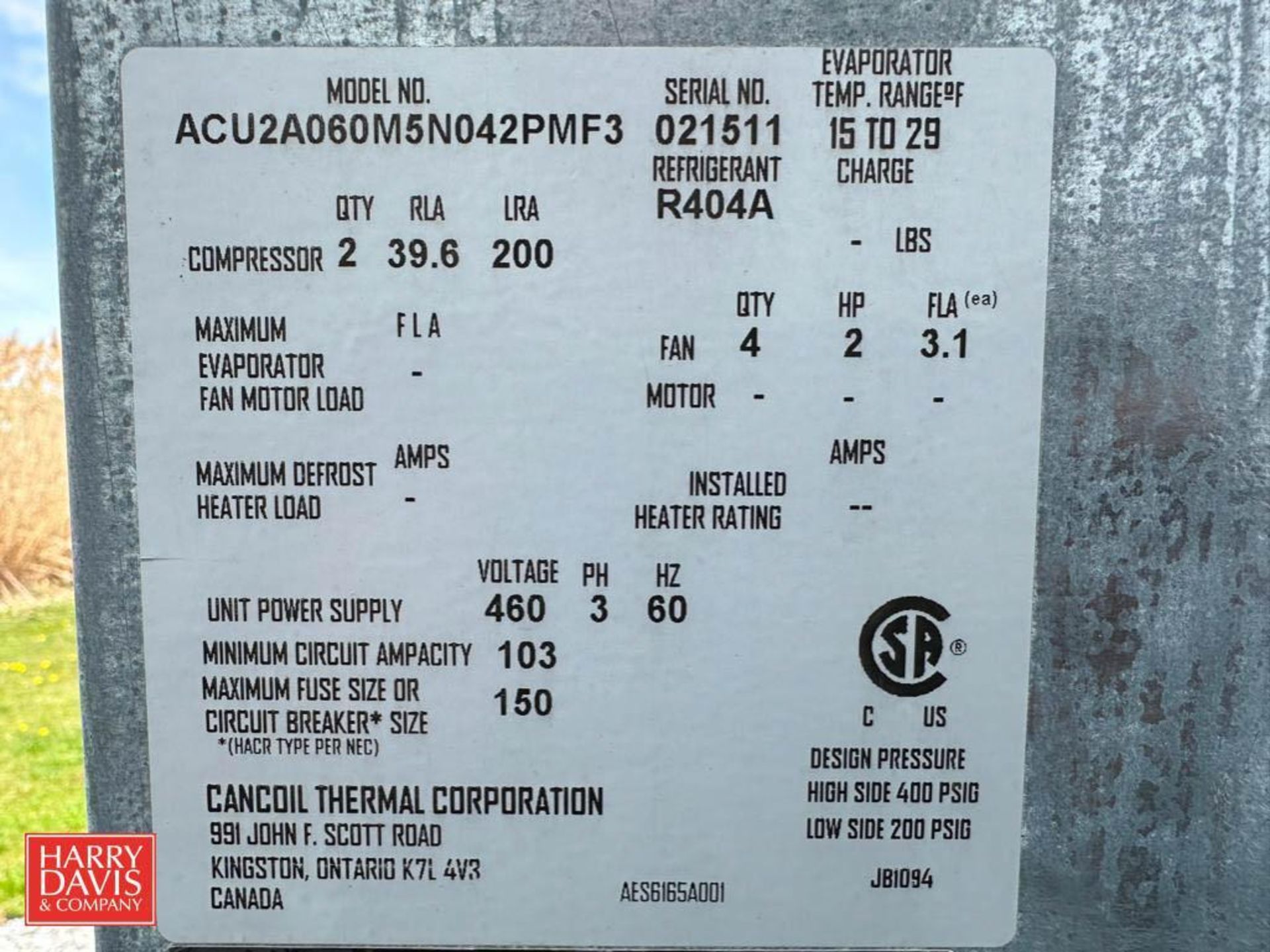 Cancoil Thermal Condensing Unit, Model: ACU2A060M5N042PMF3, S/N: 021511 - Image 2 of 2