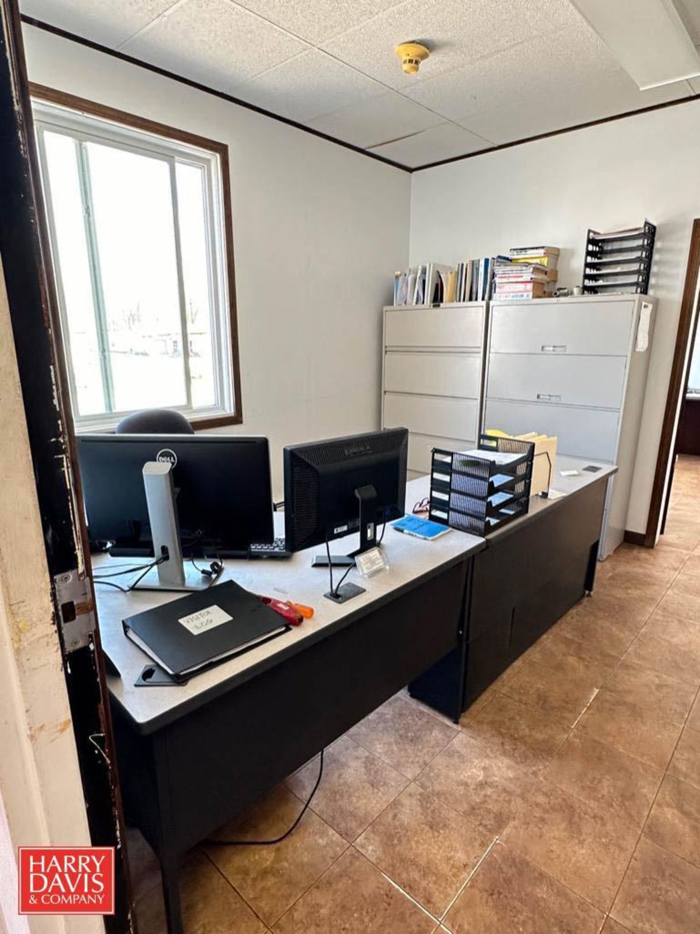 Desk, Filing Cabinets, Chair, Dell Monitors, Keyboard, Mouse, Phone, Calculator and White Board