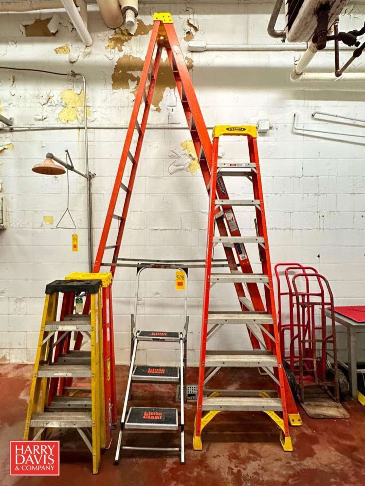 Werner 12’ and 4’ A-Frame Fiberglass Ladder, Little Giant Step Ladder and (3) Dollies