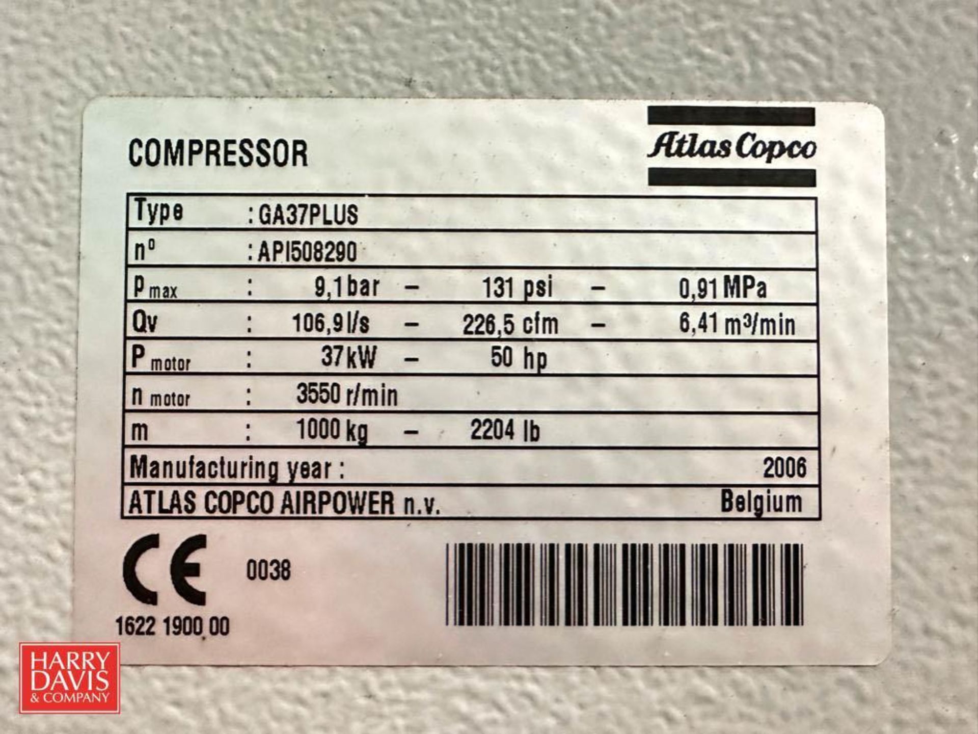 Atlas Copco 50 HP 131 PSI Air Compressor, Model: GA37PLUS, S/N: API508290 - Image 2 of 2