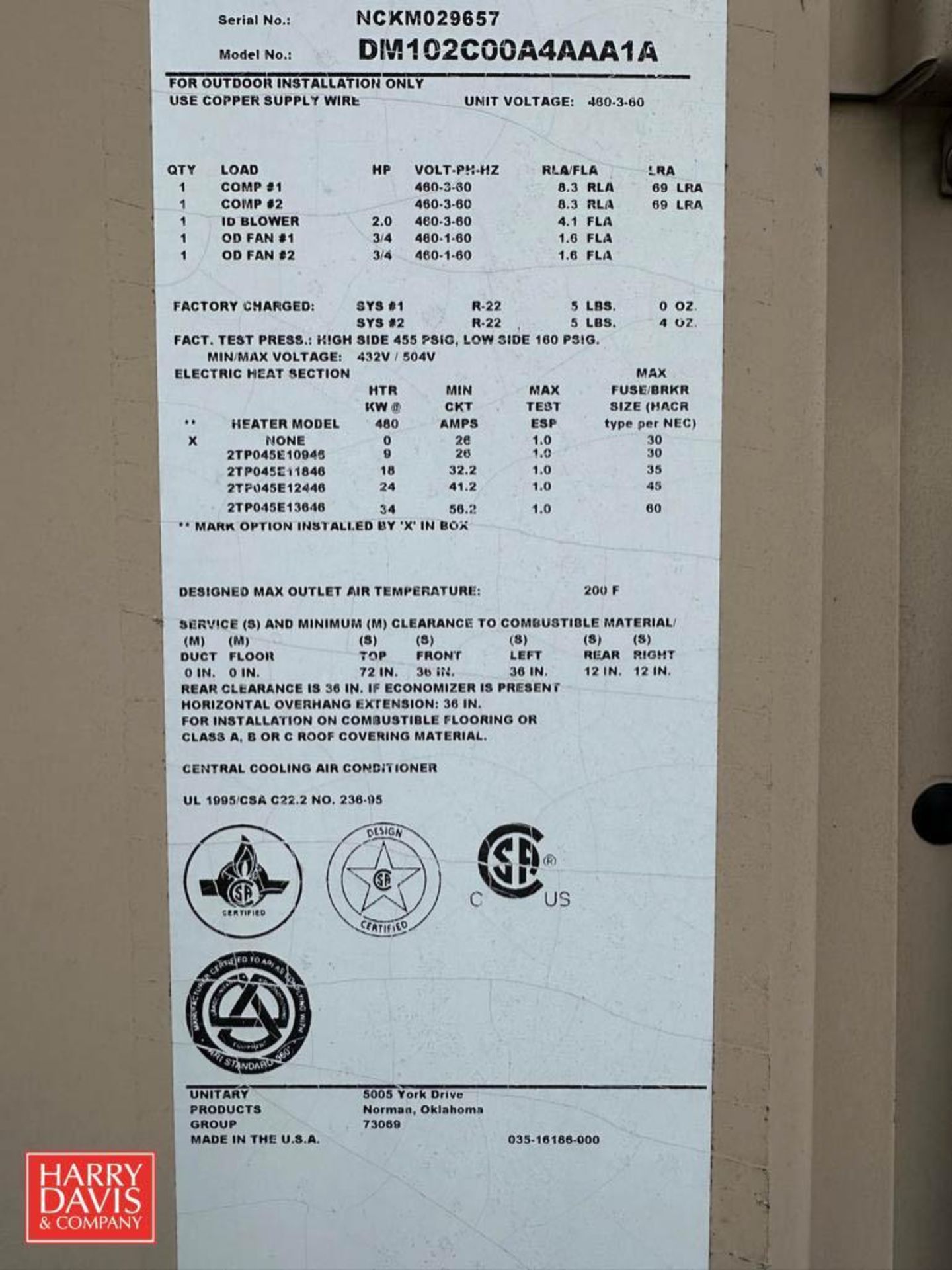 York Package A/C/Furnace, Model: DM102C00A4AAAIA, S/N: NCKM029657 - Image 2 of 2