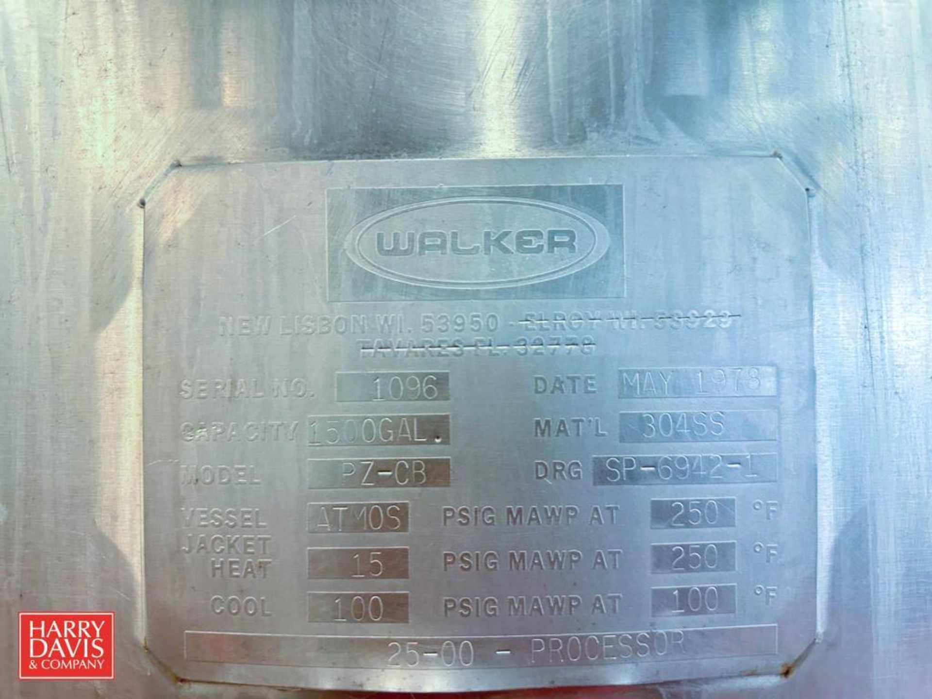 Walker 1,500 Gallon Jacketed S/S Dome-Top, Cherry-Burrell S/S Processor, Model: PZ-CB, S/N: SP-6942- - Bild 3 aus 3