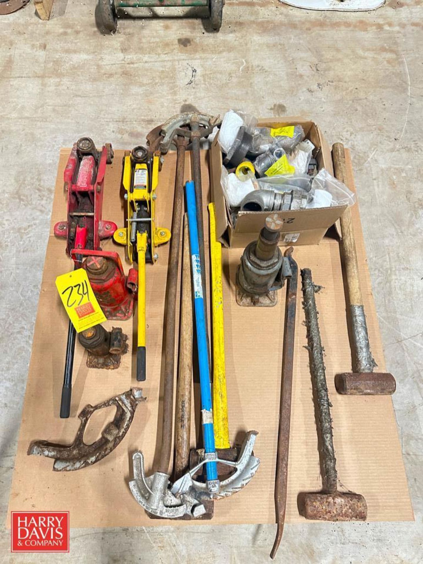 Assorted Pipe Benders, Floor Jacks and Sledge Hammers