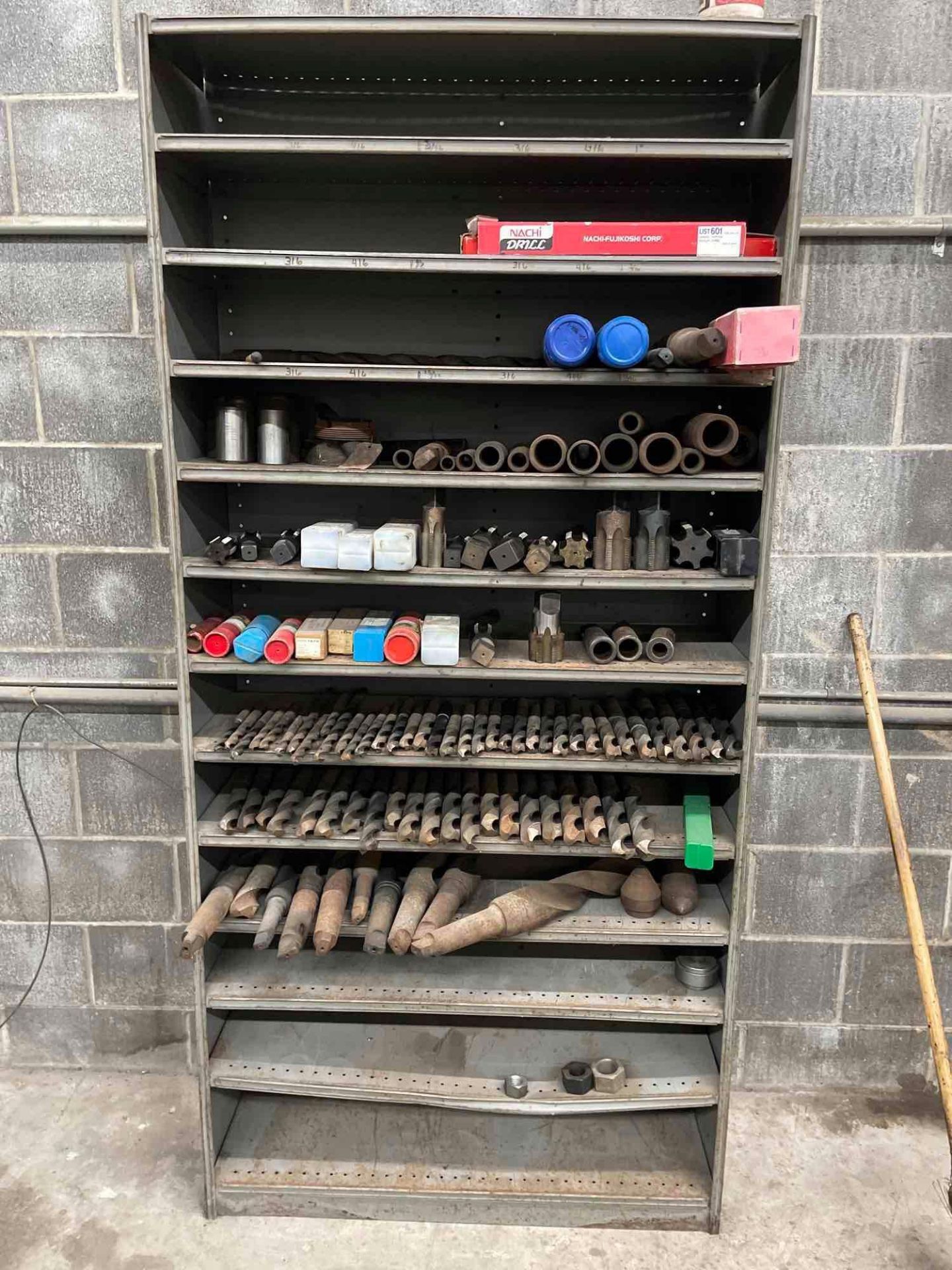 Lot of 2 Shelving with Assorted Twist Drills, and Misc Tooling