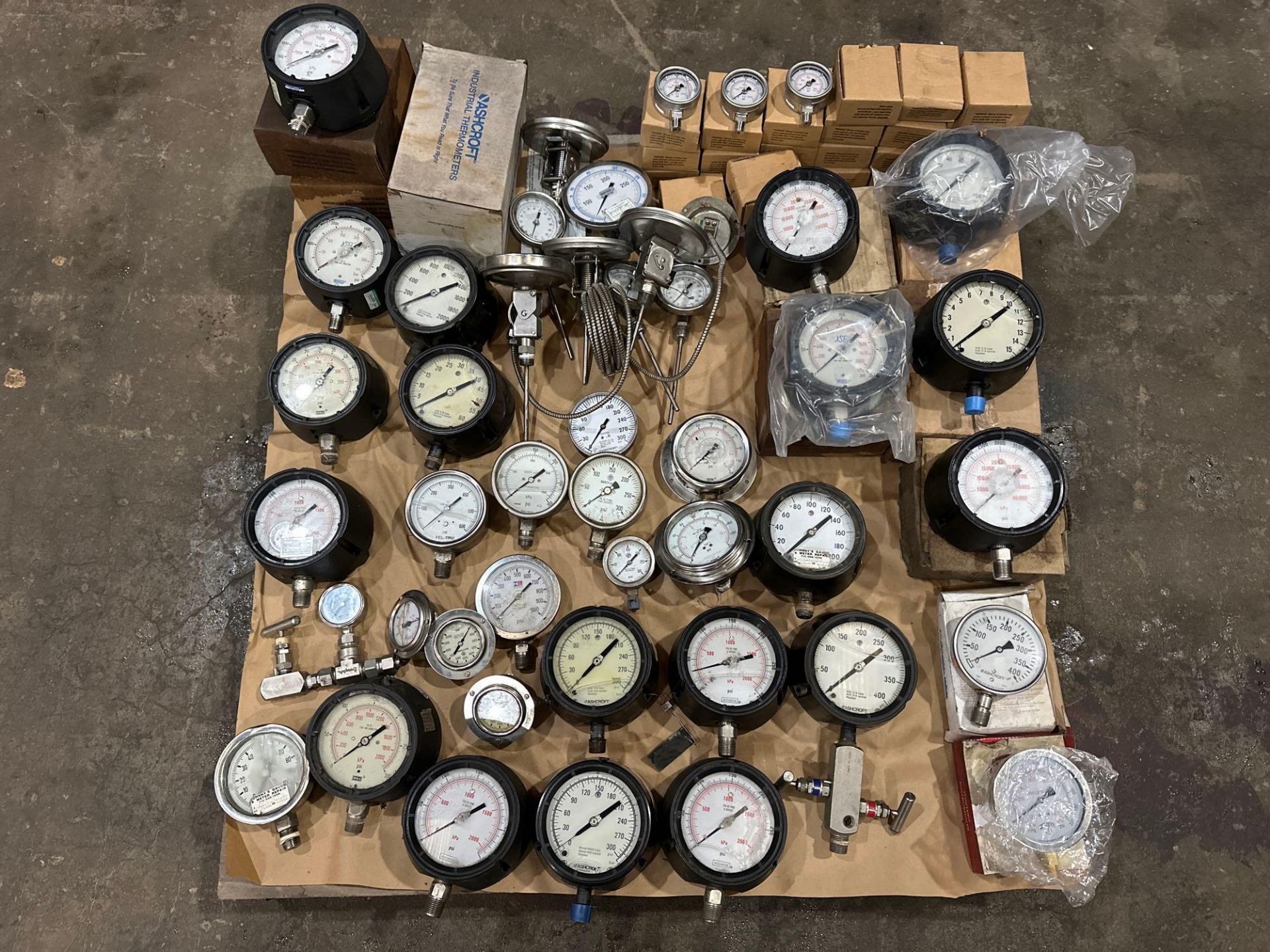 Pallet of Gauges Assorted Sizes and Brands: Ashcroft, Wika, Noshok, Winters. See photo.