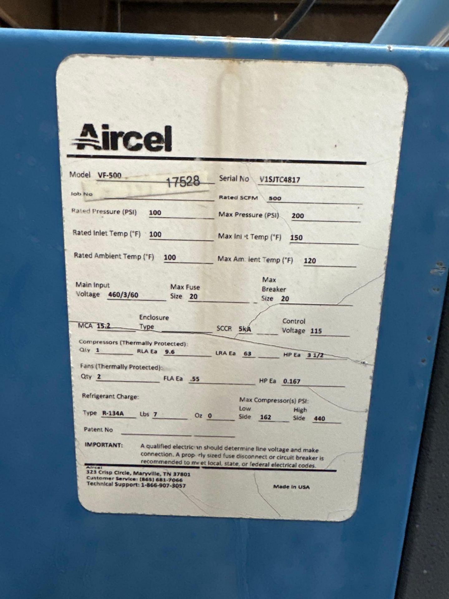 Aircel Air Compressor Dryer, Air Exchange Model: VF-500, S/N: V1SJTC4817. See photo. - Image 2 of 8