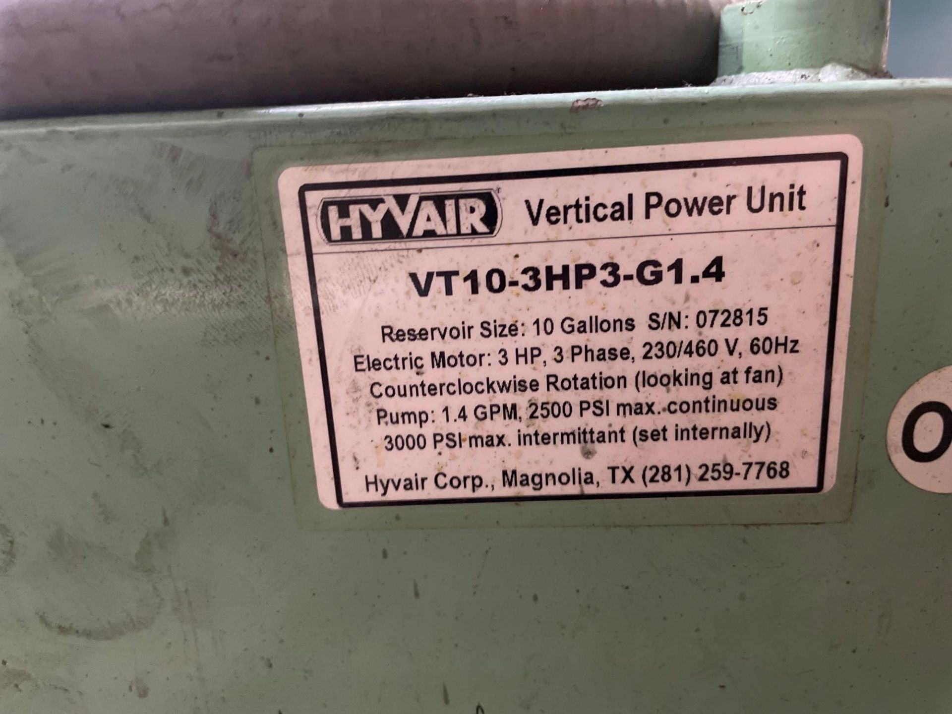 HyVair Vertical Hydraulic Power Unit VT10-3HP3-G1.4, S/N 072815 - Image 4 of 5
