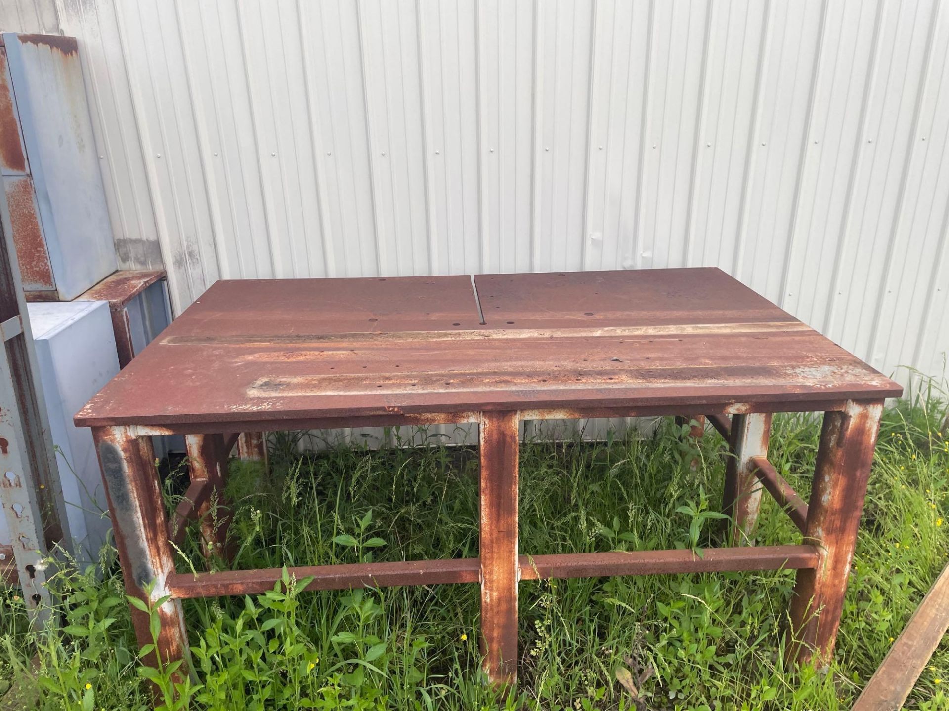Lot of: HD metal Table 81” X 50” X 40”, 1” Solid Metal Top (2) Armless Cantilever Racks, 3 cabinets - Image 2 of 5