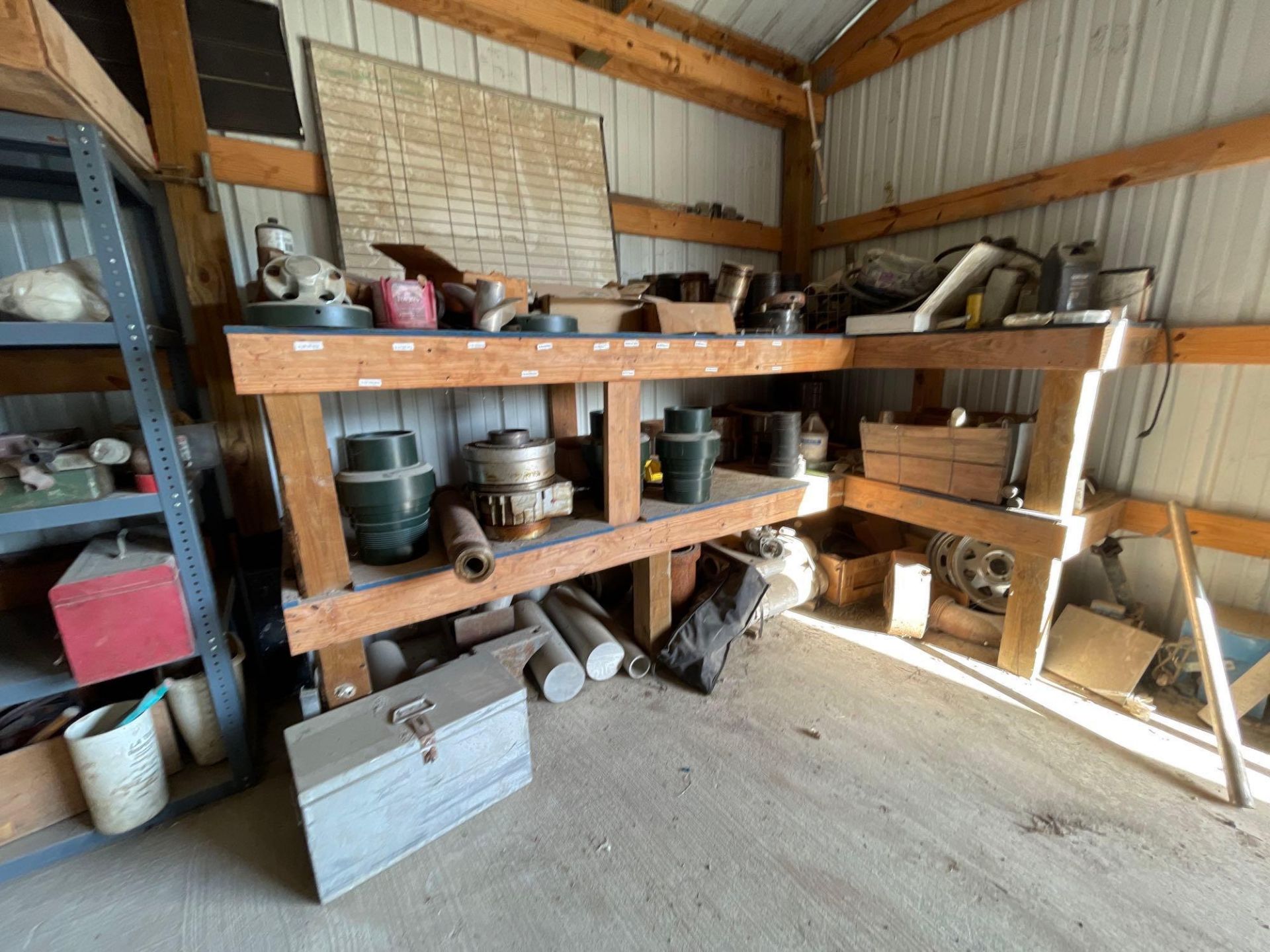 Wooden Shelf w/ Miscellaneous Metal Fixtures, Metal Pieces, Heavy Duty Nuts & Bolts, Anvil & Etc