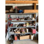Lot of Miscellaneous shop items: Metal Shelves, shop vac, tool box, mirrors, Coffing Hoist