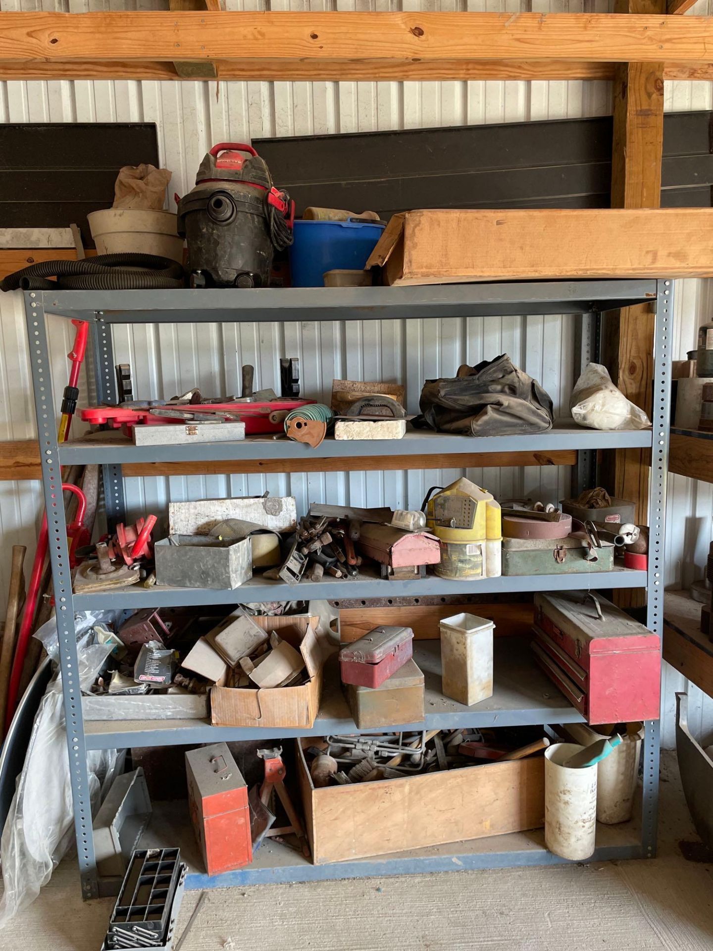 Lot of Miscellaneous shop items: Metal Shelves, shop vac, tool box, mirrors, Coffing Hoist