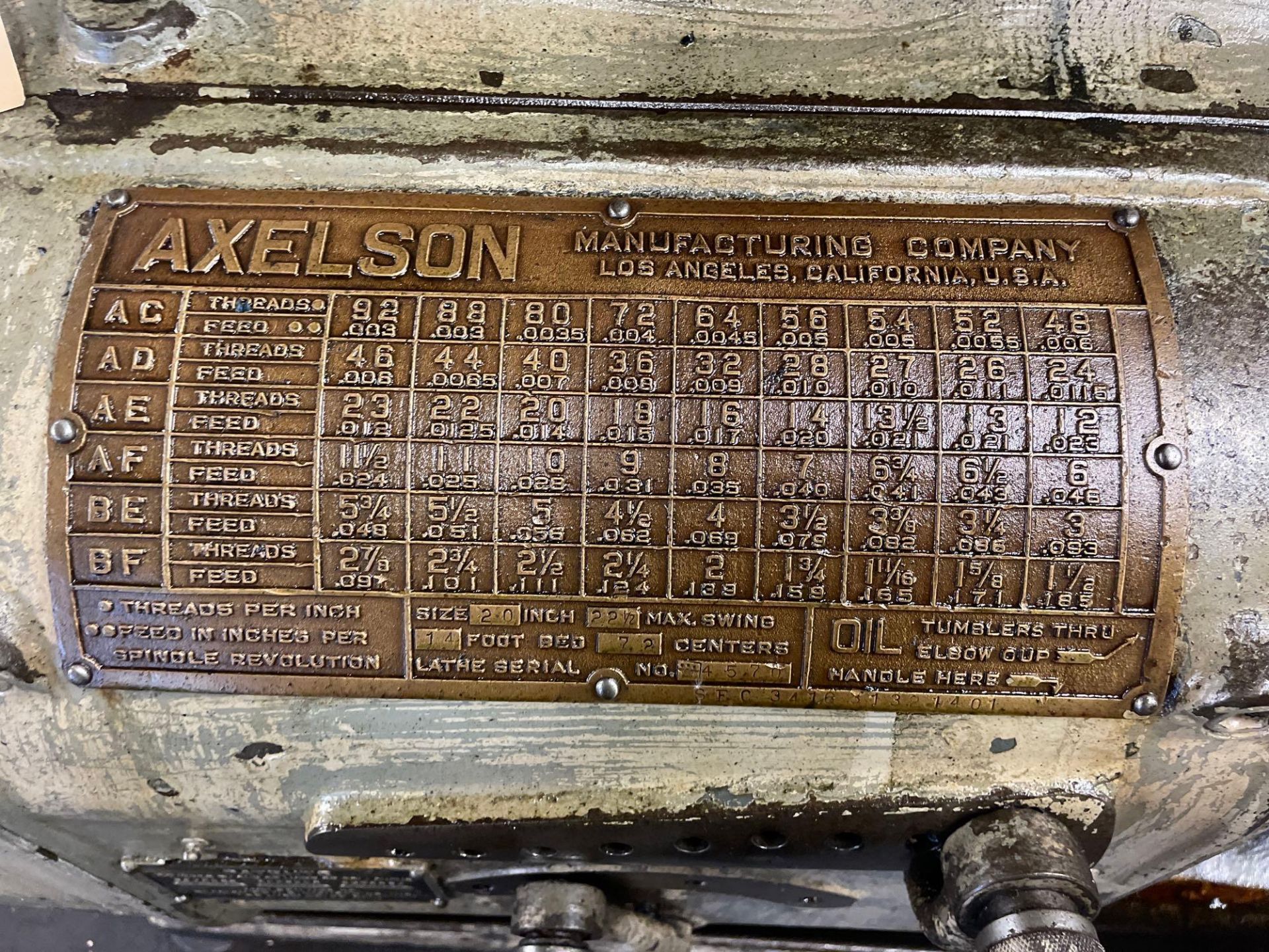 Axelson 20 Lathe, S/N 4570 - Image 7 of 10