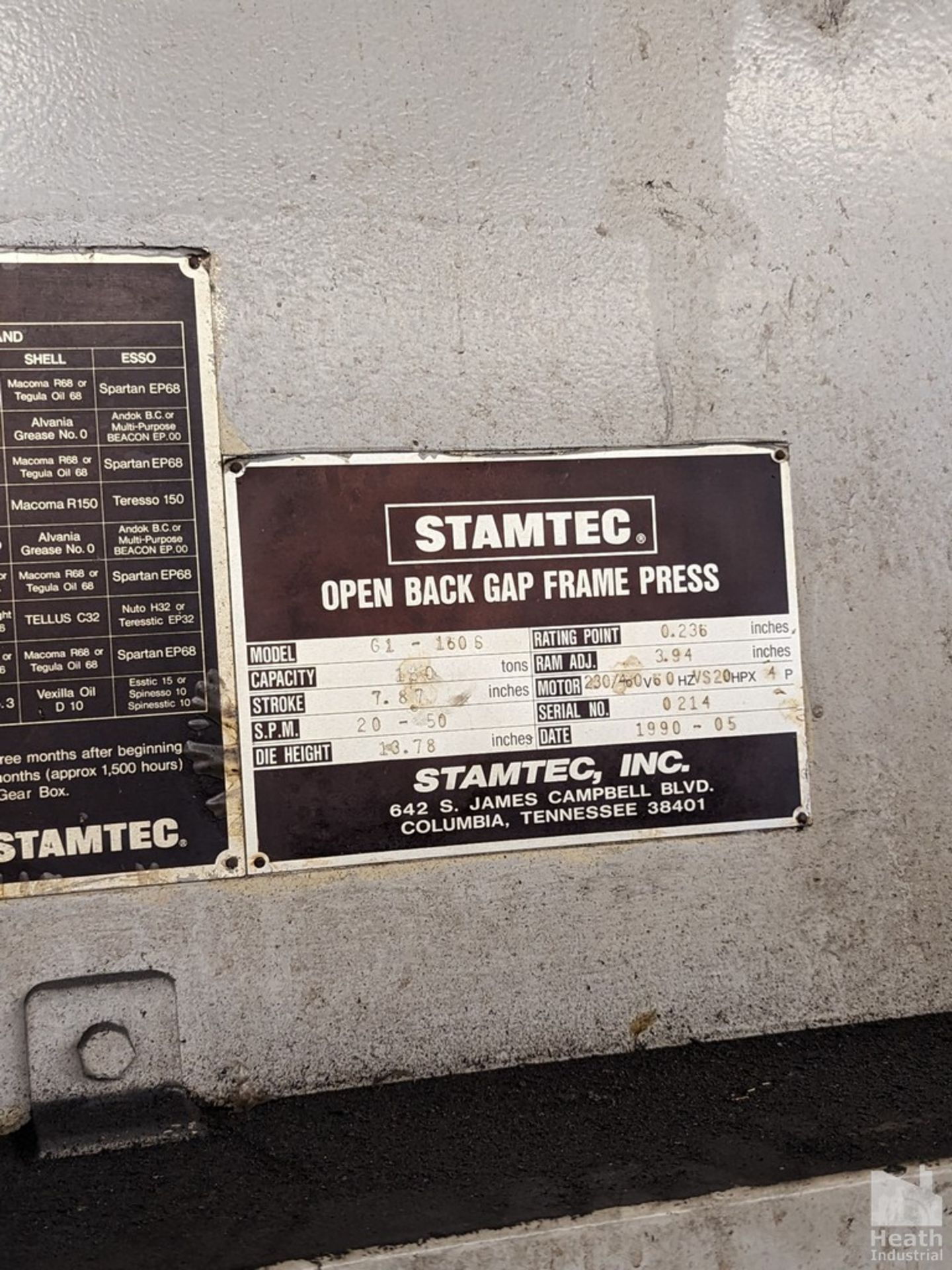 Stamtec 160 Ton Model G1-160-S Gap Frame Press, s/n 0214 (New 1990), 7.87” Stroke, 13. - Image 8 of 8