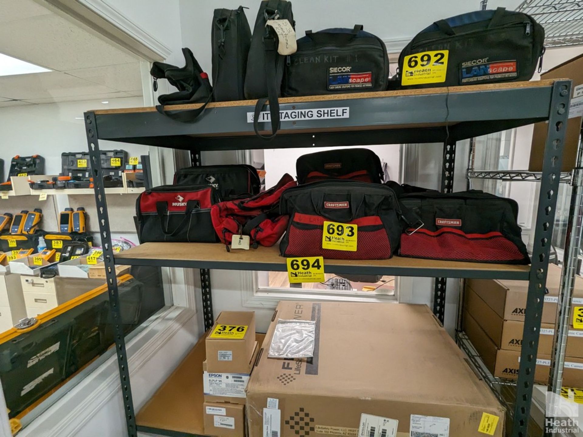 ASSORTED CRAFTSMAN TOOL BAGS ON TOP SHELF
