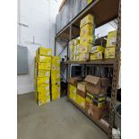 ASSORTED BOXES OF CADDY 'J' HOOKS AND HARDWARE ON FLOOR AND TWO SHELVES OF PALLET RACKING