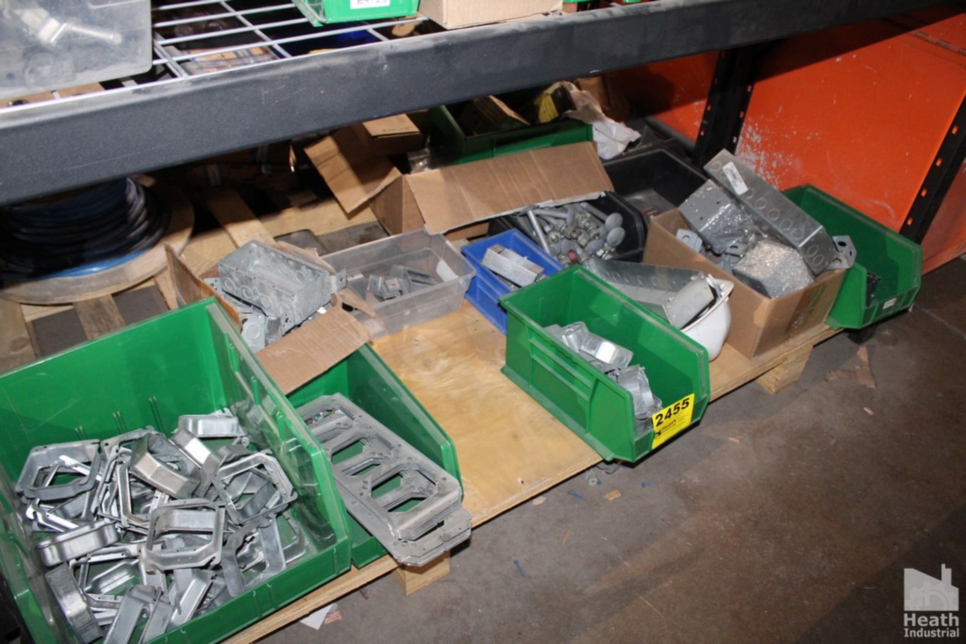 OUTLET BOXES, CLAMPS, ETC IN BINS UNDER SHELF