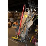 LARGE QTY OF BROOMS, SHOVELS, RAKES, ETC.