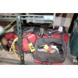 ASSORTED TOOL BAGS UNDER BENCH WITH CONTENTS