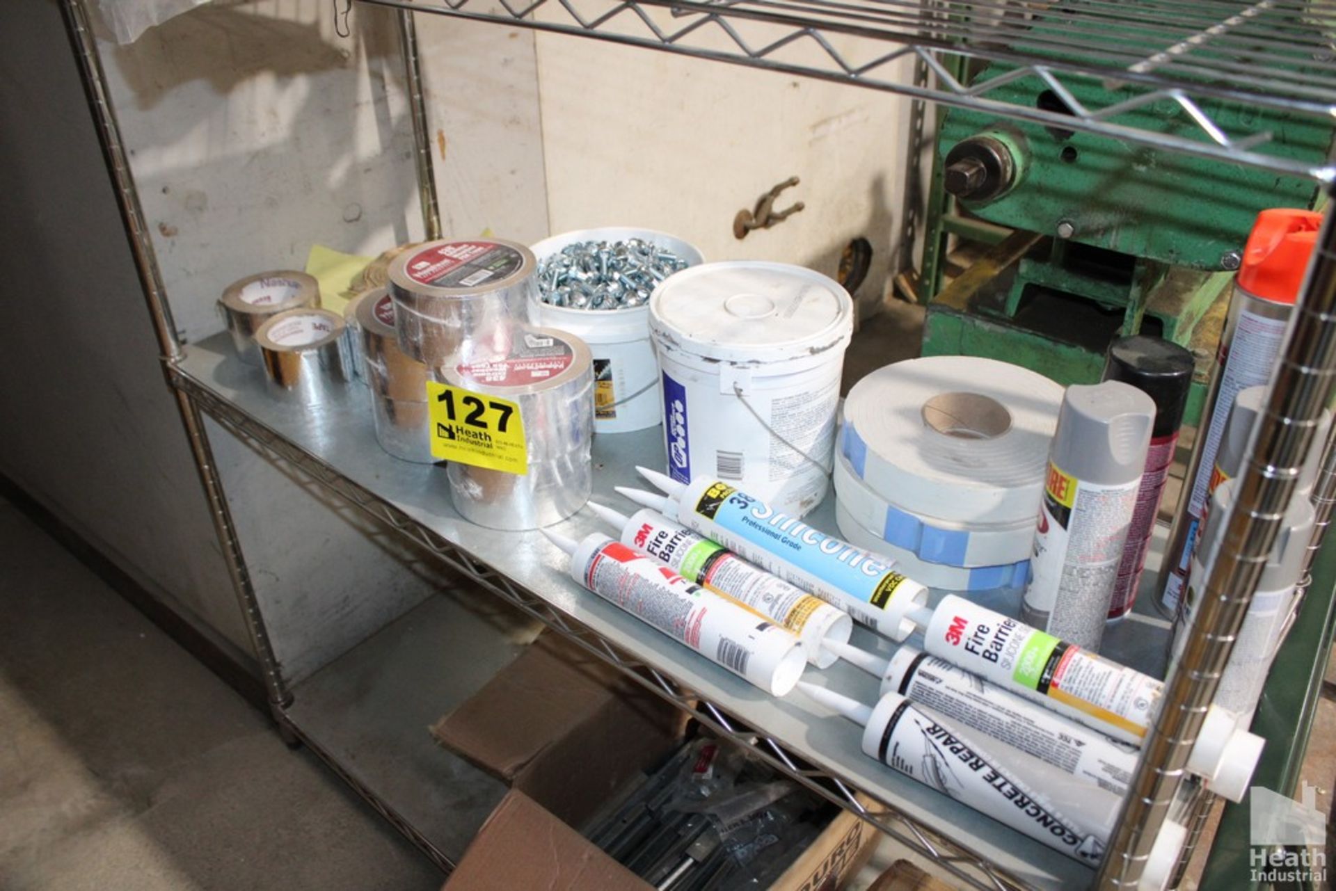 ASSORTED TAPE, SILICONE, HARDWARE, ETC. ON SHELVING UNIT