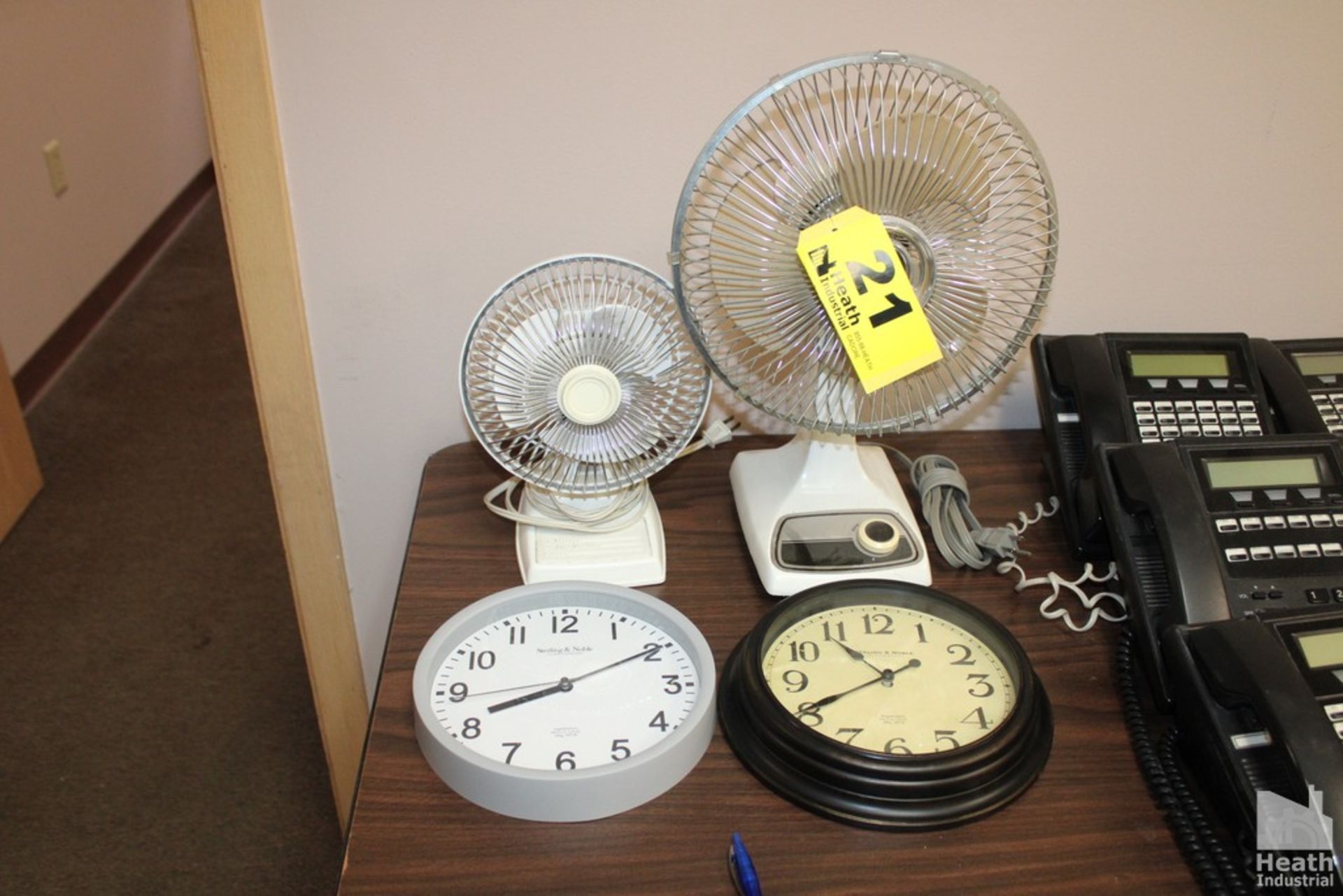 (2) ASSORTED DESK TOP FANS AND TWO WALL CLOCKS