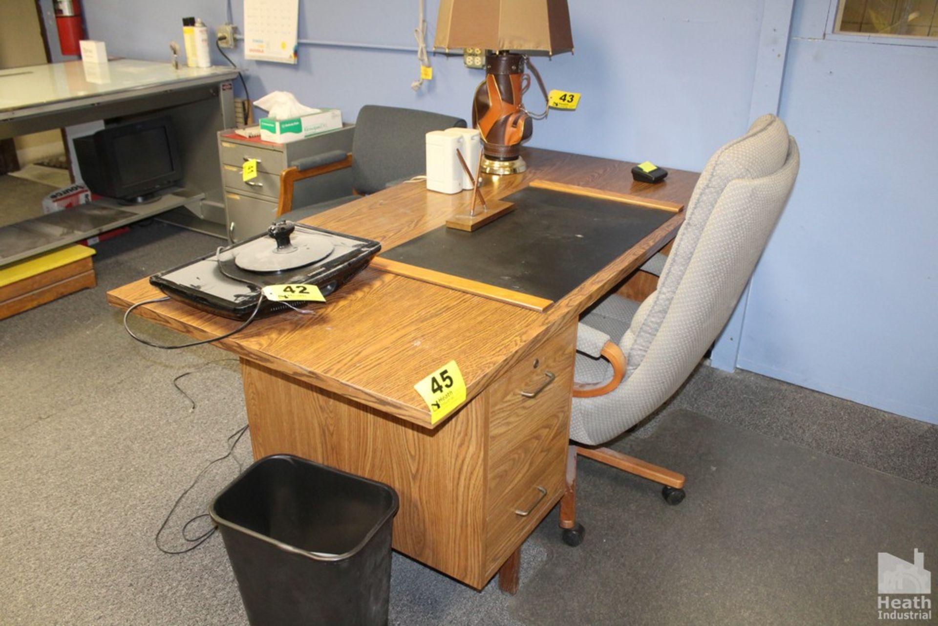 DESK, FILE CABINET, CREDENZA AND ARMCHAIR