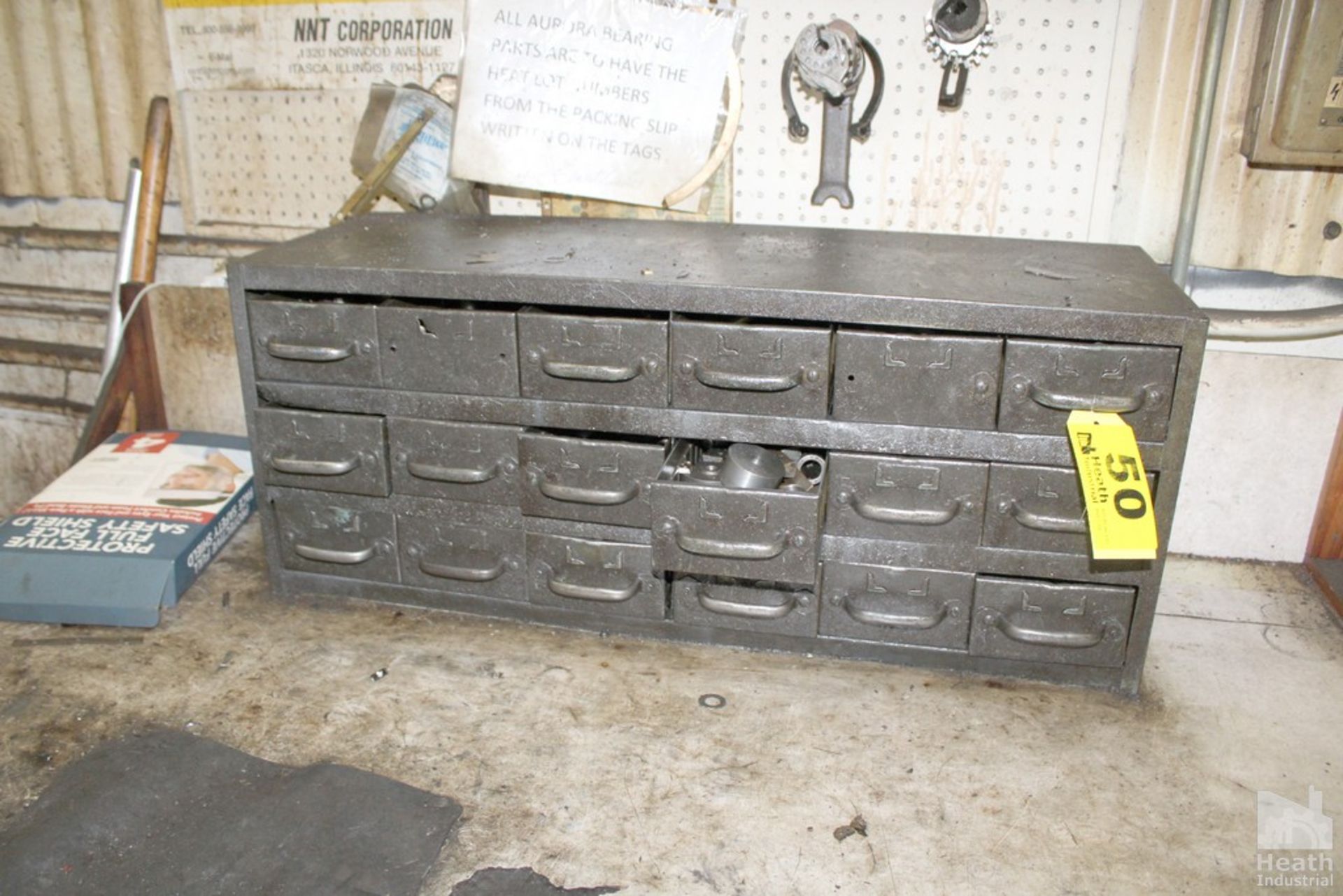 EIGHTEEN DRAWER PARTS CABINET WITH PARTS AND SUPPLIES