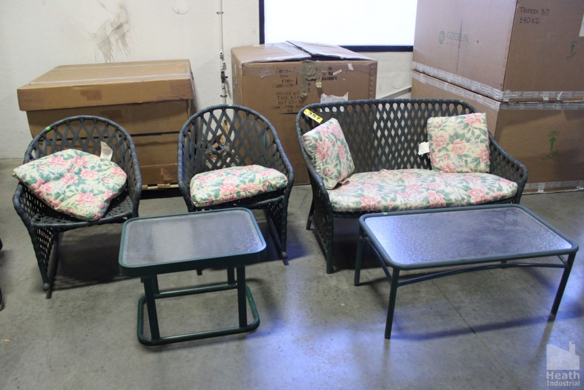 PATIO FURNITURE SET, INCLUDES BENCH, (2) ROCKING CHAIRS, SIDE TABLE AND COFFEE TABLE