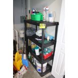 PLASTIC SHELVING UNIT WITH CONTENTS (CLEANING SUPPLIES)