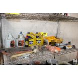 CONTENTS ON ONE SHELF INCLUDING CHALK, DEWALT AC100, GREASE GUNS AND SAWS