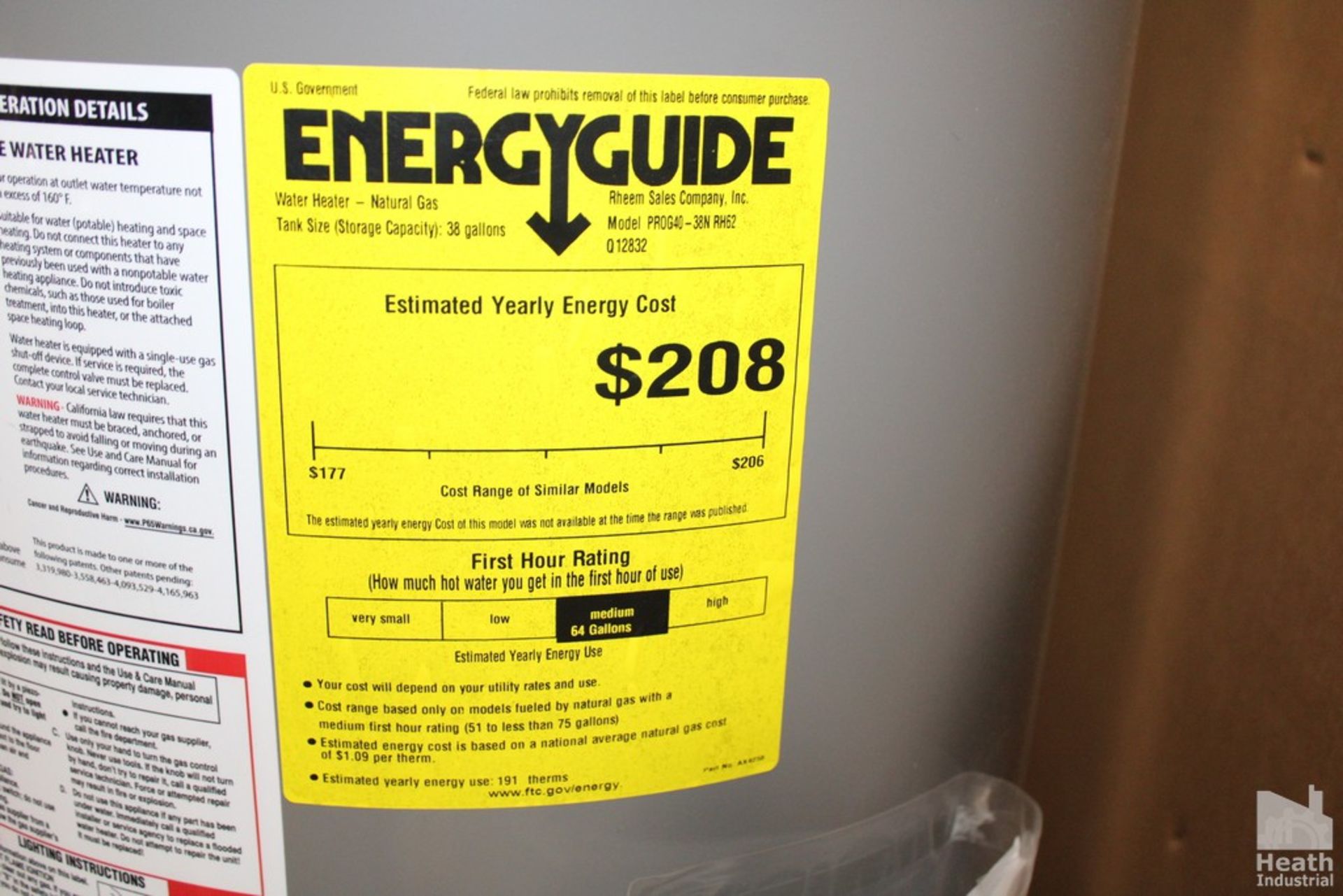 RHEEM CLASSIC SERIES MODEL PROG40-38N-RH62, 40-GAL. NATUAL GAS WATER HEATER - Image 3 of 3