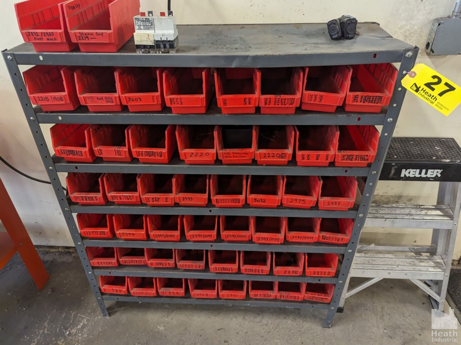 ADJUSTABLE SHELVING UNIT WITH PART BINS 36" X 12" X 42"