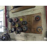 ASSORTED GRINDING WHEELS ON PEG BOARD (WALL MOUNTED)