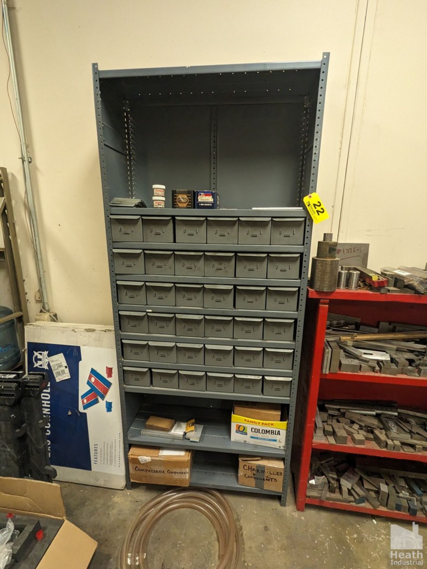 SHELVING UNIT WITH BINS AND ASSORTED HARDWARE 36" X 12" X 85"